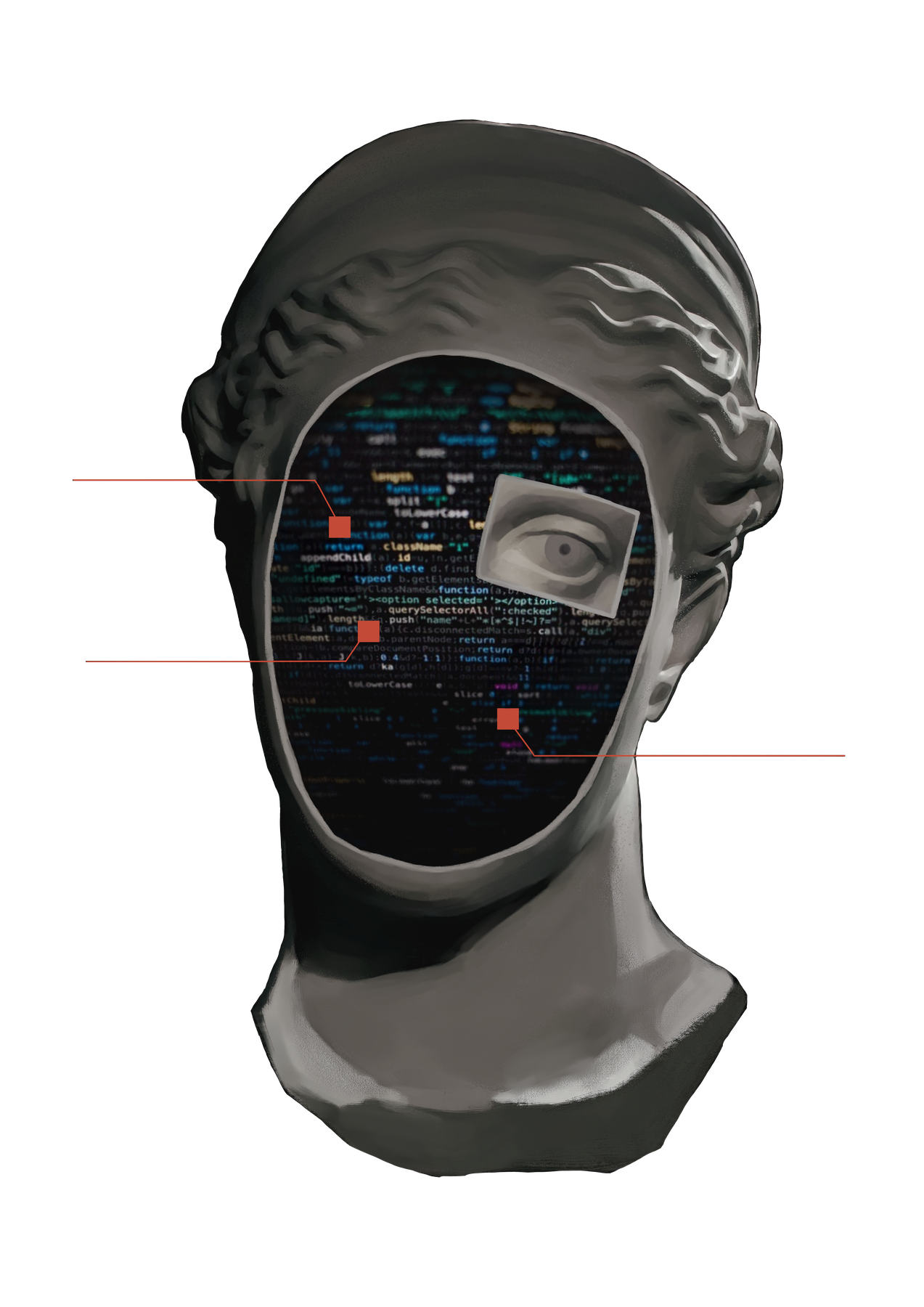Accelerating Blind poster: a classical bust with the face replaced by glowing code, marked with five red connection points.